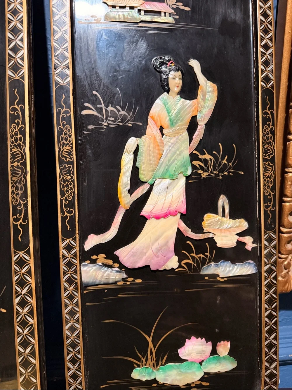 Pair Chinese lacquer wall panels mother of pearl